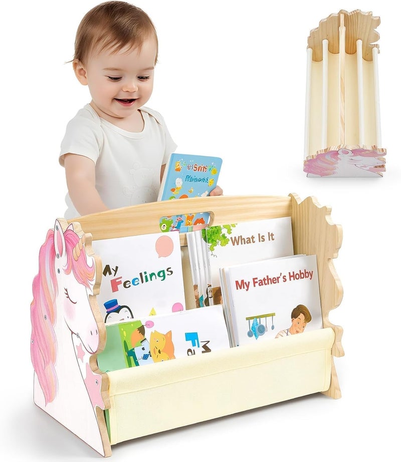 SheSeek Toddler Bookshelf Double-Sided with 4 Tier Deep Sleeves Kids Wooden Montessori Book Rack for Baby Nursery Room, Playroom, Classroom or Bedroom Bookcase Storage Organizer, Pink Unicorn - Image 1